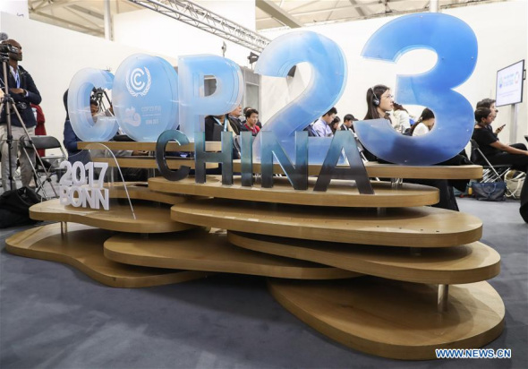 Photo taken on Nov. 15, 2017 shows the pavilion of China in Bonn Zone of UN climate talks in Bonn, Germany. Events, exhibitions and presentations of countries and UN organizations attending the UN climate talks are held here aimed to raise the awareness of the climate change across the world. (Xinhua/Shan Yuqi)