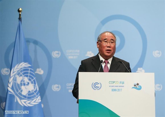 China's special representative on climate change affairs Xie Zhenhua delivers a speech during a high-level meeting of UN climate talks in Bonn, Germany, on Nov. 16, 2017.  (Xinhua/Shan Yuqi)