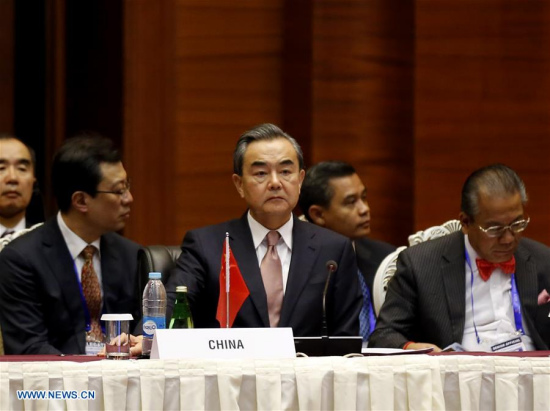 Chinese Foreign Minister Wang Yi (C) attends the 13th foreign ministers' meeting of the Asia-Europe Meeting (ASEM), in Nay Pyi Taw, Myanmar, on Nov. 20, 2017. (Xinhua/U Aung)