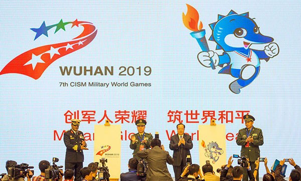 The emblem and mascot of the 7th Military Games are unveiled in Wuhan, Hubei province on Friday. Provided to CHINA DAILY