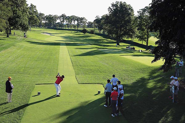 Patrick Reed of the United States plays his shot from the first tee during round two of The Northern Trust at Glen Oaks Club on August 25, 2017 in Westbury, New York. Photo provided to China Daily