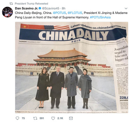 On Thursday, US President Donald Trump retweeted a picture of China Daily's front-page report about his visit to China on Wednesday.