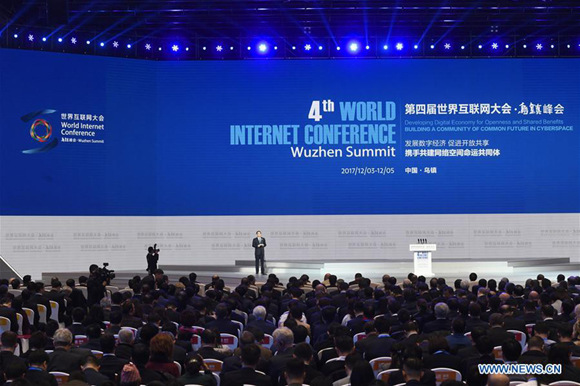 Delegates attend the Fourth World Internet Conference in the water town of Wuzhen, east China's Zhejiang Province, Dec. 3, 2017. The conference opened Sunday in Wuzhen. (Xinhua/Huang Zongzhi)