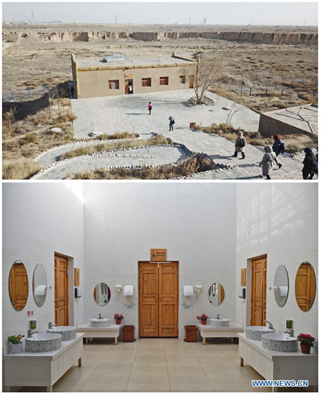 Combo photo shows the exterior scene (up) and the interior scene (bottom) of a public toilet at the Shuidonggou scenic area in Yinchuan City, capital of northwest China's Ningxia Hui Autonomous Region, Nov. 28, 2017. Nearly 300 million yuan (45.4 million U.S. dollars) have been spent in installing or renovating 481 toilets at tourists sites in Ningxia since 2015. (Xinhua/Li Ran)