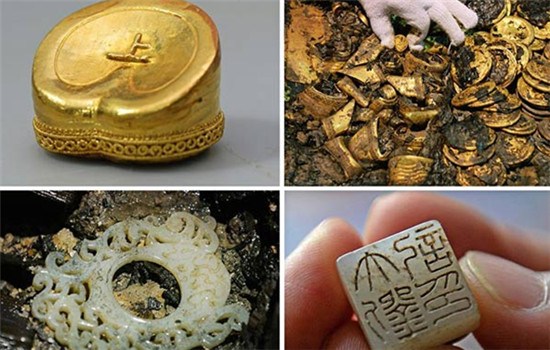 A hoof-shaped ingot, gold cakes, a jade seal and a jade pendant are unearthed from the Haihunhou tomb. (Photo/Xinhua)