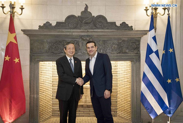 Greek Prime Minister Alexis Tsipras (R) meets with visiting Chinese Vice Premier Ma Kai in Athens, Greece, on Dec. 8, 2017. (Xinhua)