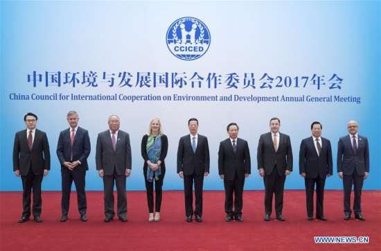 Chinese Vice Premier Zhang Gaoli (C) attends the annual general meeting of China Council for International Cooperation on Environment and Development in Beijing, capital of China, Dec. 11, 2017. (Xinhua/Wang Ye)