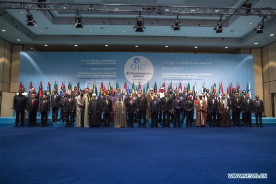 Participants pose for a group photo during the extraordinary summit of the Organization of Islamic Cooperation (OIC) in Istanbul, Turkey, on Dec. 13, 2017. (Xinhua/Anadolu Agency)