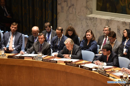 UN Secretary-General Antonio Guterres (C, front) addresses a United Nations Security Council meeting on the situation on the Korean Peninsula at the UN headquarters in New York, on Dec. 15, 2017. UN Secretary-General Antonio Guterres on Friday expressed concern over risk of military confrontation on the Korean Peninsula and warned against any military action. (Xinhua/Han Fang)