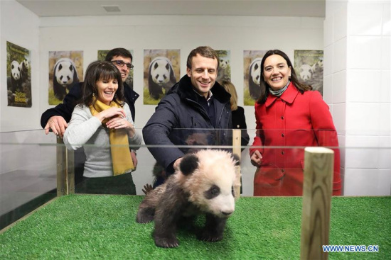 French President Emmanuel Macron (2nd R) reacts with the panda baby 