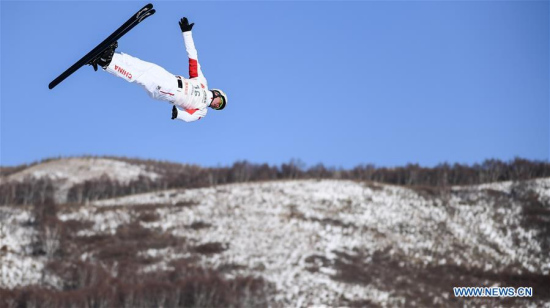 Jia Zongyang of China competes during the men's singles freestyle final match of FIS Men Ski Cross World Cup in Zhangjiakou, north China's Hebei Province, Dec. 16, 2017. Jia Zongyang claimed the title with 127.88. (Xinhua/Wang Haofei)