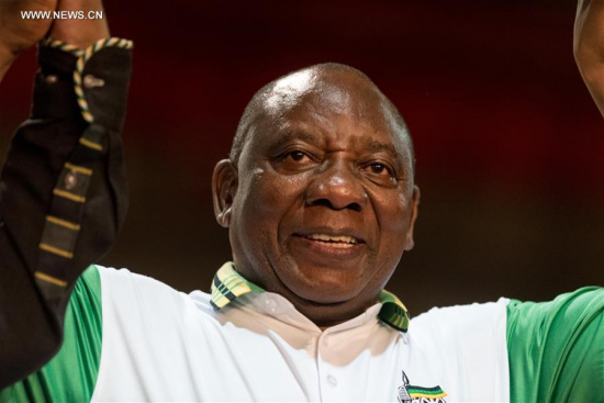 Cyril Ramaphosa celebrates after the announcement of results at South Africa's ruling party African National Congress' conference in Johannesburg, South Africa, on Dec. 18, 2017. South Africa's ruling party African National Congress (ANC) elected Cyril Ramaphosa on Monday to be the party's president for the next five years. (Xinhua/Dave Naicker)