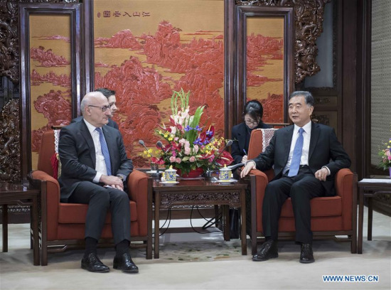 Chinese Vice Premier Wang Yang (R), meets with Philippe Etienne, diplomatic advisor to French President Emmanuel Macron, in Beijing, capital of China, Dec. 19, 2017. (Xinhua/Li Tao) 