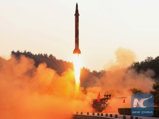 Photo provided by Korean Central News Agency (KCNA) on May 30, 2017 shows the test-firing of a ballistic missile. (Xinhua/KCNA)