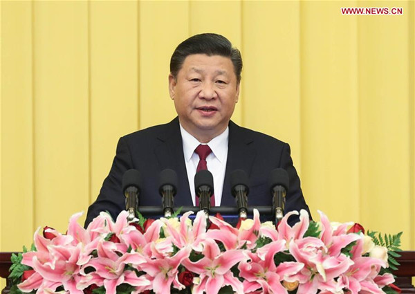 Chinese President Xi Jinping, also general secretary of the Communist Party of China (CPC) Central Committee and chairman of the Central Military Commission (CMC), addresses a New Year gathering held by the National Committee of the Chinese People's Political Consultative Conference (CPPCC) in Beijing, capital of China, Dec. 29, 2017. (Xinhua/Ding Lin)