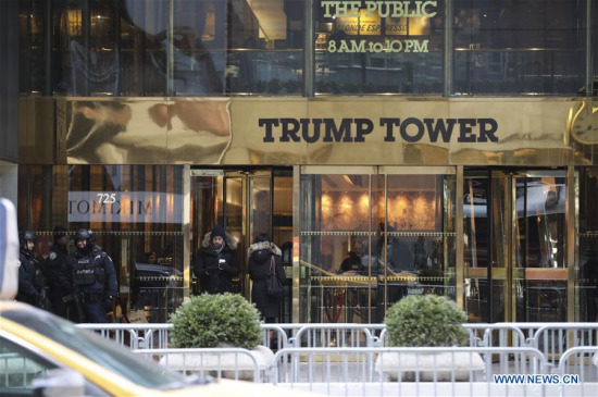 Photo taken on Jan. 8, 2018 show Trump Tower in New York, the United States. A small electrical fire ocurred in a cooling tower on the roof of Trump Tower on Monday morning. (Xinhua/Wang Ying)