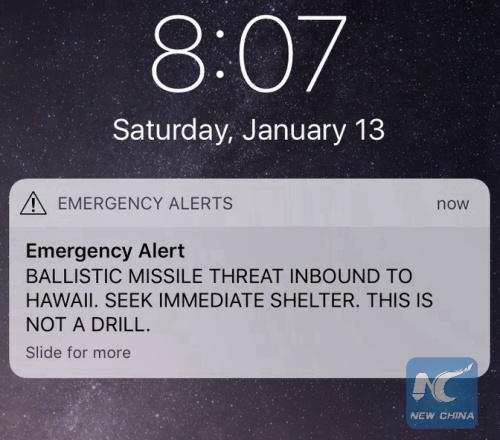 A screen capture from the Twitter account of U.S. Congresswoman Tulsi Gabbard shows a missile warning for Hawaii, the United States. on January 13, 2018. (Xinhua)