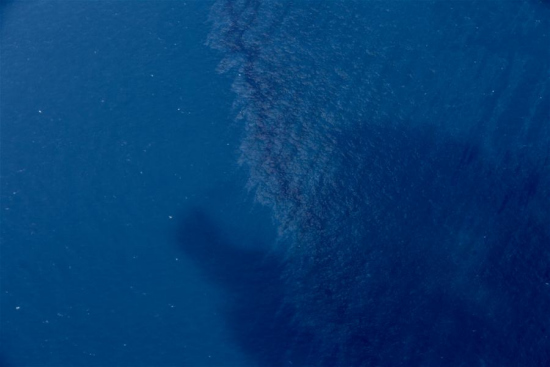 Aerial photo taken aboard surveillance plane of the State Oceanic Administration (SOA) shows the oil spill on the water surface around the sunken Iranian tanker Sanchi in the East China Sea, Jan. 15, 2018. (Xinhua/Liu Shiping)