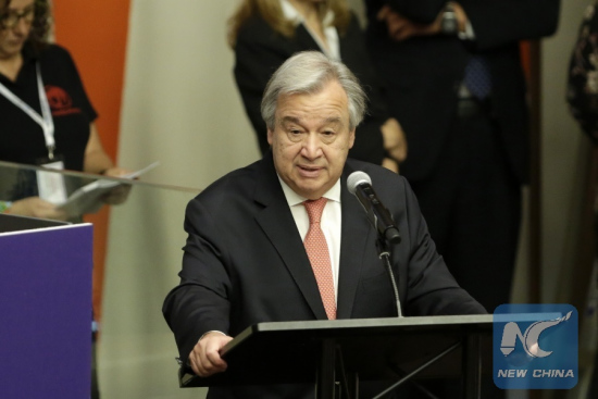UN Secretary-General Antonio Guterres addresses a special event to mark World Children's Day at the United Nations headquarters in New York, on Nov. 20, 2017. (Xinhua/Li Muzi)