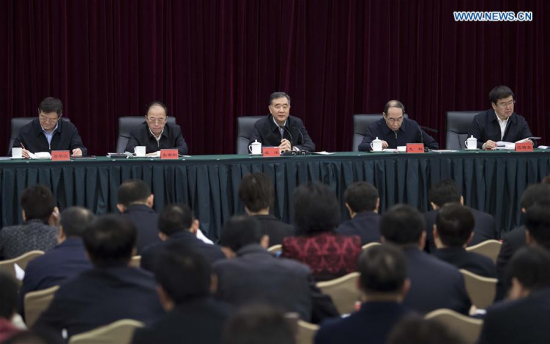 Chinese Vice Premier Wang Yang, also member of the Standing Committee of the Political Bureau of the Communist Party of China Central Committee, speaks at a meeting for heads of the united front work departments across the country, in Beijing, capital of China, Jan. 16, 2018. (Xinhua/Li Tao)