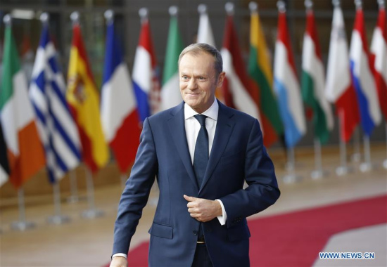 European Council President Donald Tusk arrives at EU headquarters prior to an EU Summit in Brussels, Belgium, Dec. 14, 2017. (Xinhua/Ye Pingfan)