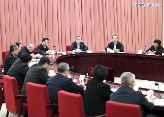 Yu Zhengsheng, chairman of the National Committee of the Chinese People's Political Consultative Conference (CPPCC), presides over a meeting of the Leading Party Members' Group of the 12th CPPCC National Committee in Beijing, capital of China, Jan. 17, 2018. (Xinhua/Yan Yan)