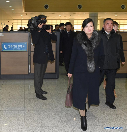 Hyon Song-wol (Front), head of a delegation of the Democratic People's Republic of Korea (DPRK), is seen at the customs, immigration and quarantine office in Paju, South Korea, on Jan. 21, 2018. (Xinhua/South Korean Unification Ministry)