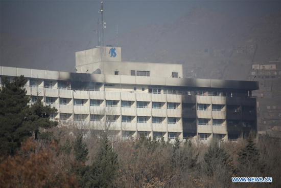 Photo taken on Jan. 21, 2018 shows the attacked Intercontinental Hotel in Kabul, Afghanistan.  (Xinhua/Rahmat Alizadah)