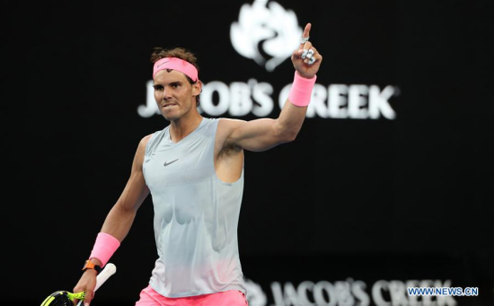 Rafael Nadal of spain celebrates during the men's singles fourth round match against Diego Schwartzman of Argentina at Australian Open 2018 in Melbourne, Australia, Jan. 21, 2018. Rafael Nadal 3-1. (Xinhua/Bai Xuefei)