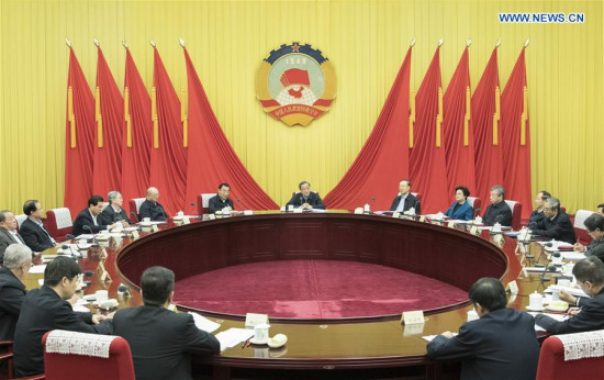 Yu Zhengsheng, chairman of the National Committee of the Chinese People's Political Consultative Conference (CPPCC), presides over a meeting of the leading Party members' group of the 12th CPPCC National Committee, during which the leading Party members' group of the 12th CPPCC National Committee studied the spirit of the second plenary session of the 19th Central Committee of the Communist Party of China, in Beijing, capital of China, Jan. 21, 2018. (Xinhua/Wang Ye)