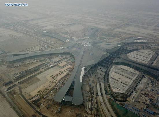 Aerial photo taken on Jan. 18, 2018 shows the construction site of Beijing's new airport in southern Daxing District in Beijing, capital of China. (Xinhua/Luo Xiaoguang)