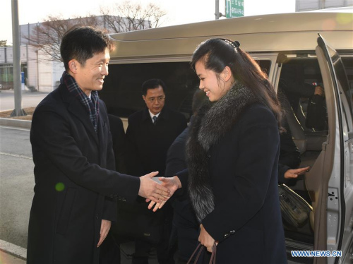 Hyon Song-wol (R), head of a delegation of the Democratic People's Republic of Korea (DPRK), arrives at the customs, immigration and quarantine office in Paju, South Korea, on Jan. 21, 2018. The DPRK sent an advance team of orchestra Sunday to South Korea for concerts during the South Korea-hosted Winter Olympics. (Xinhua file photo/South Korean Unification Ministry)