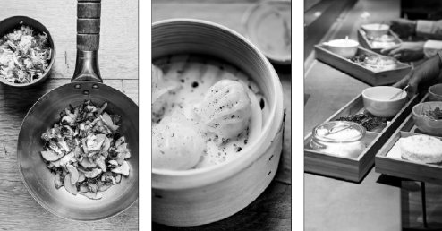 From left: These Asian dishes have inspired Alain Ducasse during his recent travels: wok-sauteed seasonal vegetables, softly spiced shrimp ravioli and lunch bento. (Photo provided to China Daily)