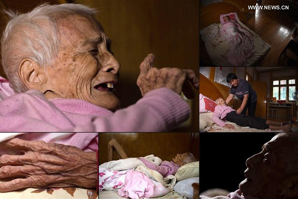 Combo photo taken on Aug. 9, 2017 shows daily life of Shen Guiying, a survivor of Nanjing Massacre, a heinous crime committed by the Japanese militarists during World War II in 1937, in Nanjing, capital of China. (Han Yuqing, Li Xiang and Ji Chunpeng/Xinhua)