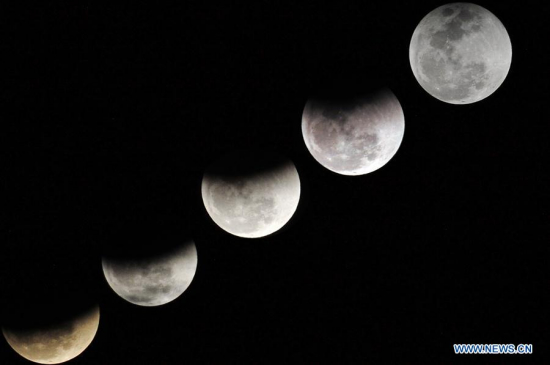 Combo photo taken on Jan. 31, 2018 shows different shapes of the moon during a lunar eclipse in southwest Pakistan's Gwadar. (Xinhua/Ahmad Kamal)