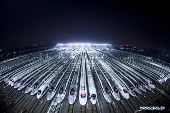 High-speed trains wait to be maintained in Wuhan, central China's Hubei Province, Feb. 1, 2018.  (Xinhua/Xiao Yijiu)
