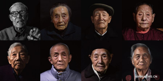 Combo photo shows portraits of survivors of the Nanjing Massacre: (from L to R, top) Guan Guangjing (deceased); Zhu Sizi (97 yrs); Liu Tingyu (95 yrs); Chen Yulan (95 yrs); (from L to R, bottom) Li Suyun (94 yrs); Wang Yilong (94 yrs); Wang Changfa (94 yrs); Xue Yujuan (93 yrs). (Xinhua/Han Yuqing, Li Xiang and Ji Chunpeng)
