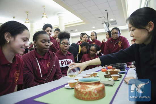 Students from Medgar Evers College Preparatory School of New York taste Chinese tea during a culture exchange event in New York, the United States, Feb. 2, 2018. (Xinhua/Wang Ying)