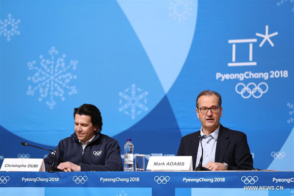 Mark Adams (R), spokesman of International Olympic Committee attends IOC session press briefing held at PyeongChang, South Korea, Feb. 6, 2018. The 2018 PyeongChang Olympic Winter Games will kick off here on Feb. 9. (Xinhua/Bai Xuefei)