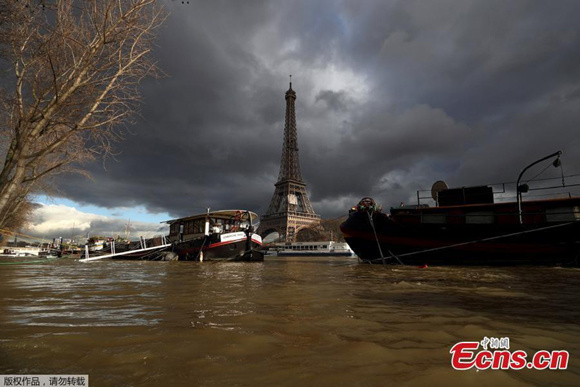 The Eiffel Tower is seen in Paris as swollen Seine River continues to rise, Jan. 29, 2018.   (Photo/Agencies)