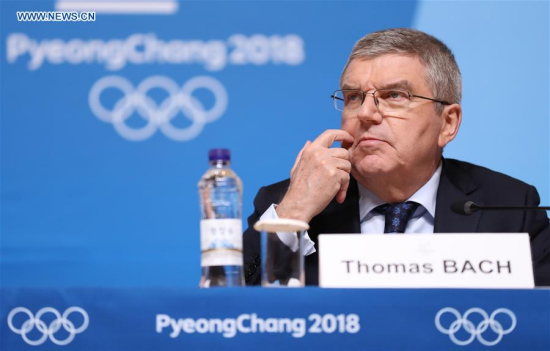International Olympic Committee president Thomas Bach attends a press conference held at Main Press Centre of 2018 PyeongChang Winter Olympic Games, South Korea, Feb. 7, 2018. (Xinhua/Bai Xuefei)