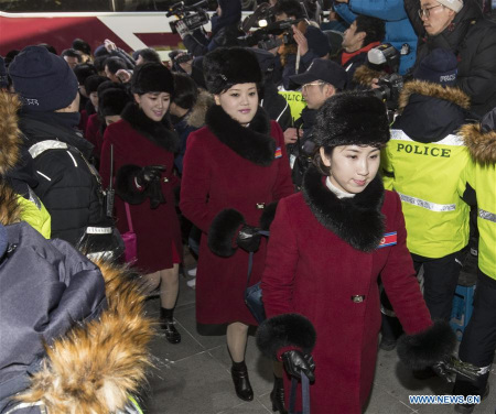 Members of a cheering squad of the Democratic People's Republic of Korea (DPRK) arrive in Inje, South Korea, Feb. 7, 2018. (Xinhua/Lee Sang-ho)