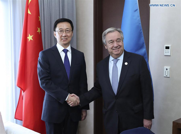 Chinese President Xi Jinping's special envoy Han Zheng (L), also a member of the Standing Committee of the Political Bureau of the Communist Party of China Central Committee, meets with UN Secretary-General Antonio Guterres in PyeongChang, South Korea, Feb. 9, 2018. (Xinhua/Pang Xinglei)