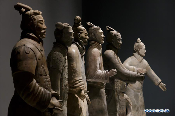 Terracotta Warriors are seen during a reception and private viewing ahead of the exhibition China's First Emperor and the Terracotta Warriors at the World Museum in Liverpool, Britain, on Feb. 8, 2018. The stunning exhibition featuring the famous Terracotta Warriors opened to public in Liverpool on Friday. (Xinhua/Tim Ireland)