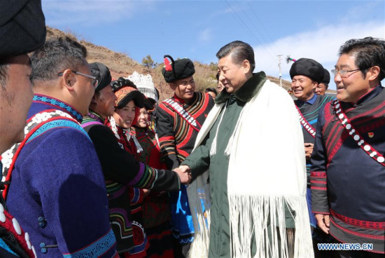 Chinese President Xi Jinping, also general secretary of the Communist Party of China Central Committee, visits the homes of impoverished villagers of the Yi ethnic group who live deep in the Daliang Mountains of Zhaojue County, Sichuan Province in southwest China, Feb. 11, 2018. Xi asked the villagers about their lives and discussed poverty alleviation with local officials and villagers on Sunday. (Xinhua/Ju Peng)