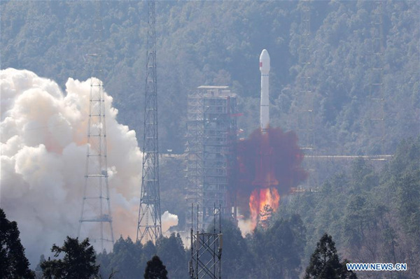 China sends two satellites into orbit on a single carrier rocket for its domestic BeiDou Navigation Satellite System (BDS) in Xichang, southwest China's Sichuan Province, Feb. 12, 2018. The twin satellites, which form a network with four previously launched BeiDou-3 satellites, were the fifth and sixth satellites in the BeiDou-3 family. (Xinhua/Liang Keyan)