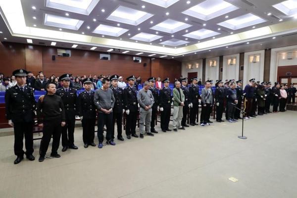 Gang members appeared as defendants in a hearing in Guangdong High Peoples Court on Monday. (Provided to China Daily)