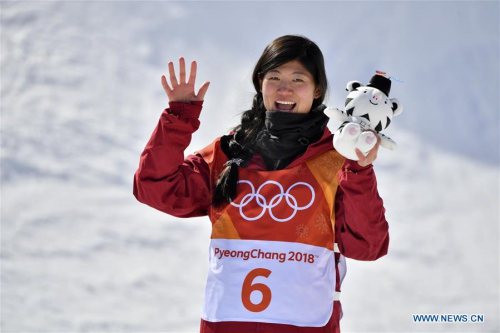 China's Liu Jiayu celebrates after ladies' halfpipe final of snowboard at the 2018 PyeongChang Winter Olympic Games at Phoenix Snow Park in PyeongChang, South Korea, on Feb. 13, 2018. Liu Jiayu won the silver medal with 89.75 points. (Xinhua/Lui Siu Wai)