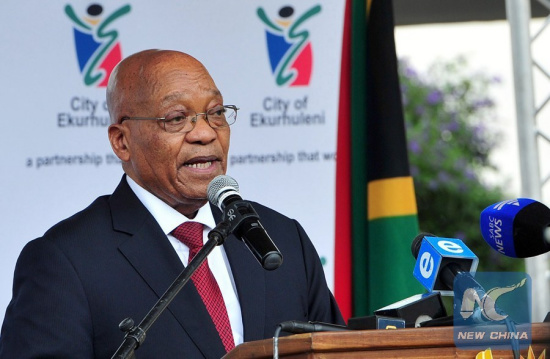 South African President Jacob Zuma speaks during the Chris Hani Wreath Laying Ceremony and handover of the Chris Hani heritage site in Boksburg, Gauteng Province, South Africa, on April 10, 2017. (Xinhua)