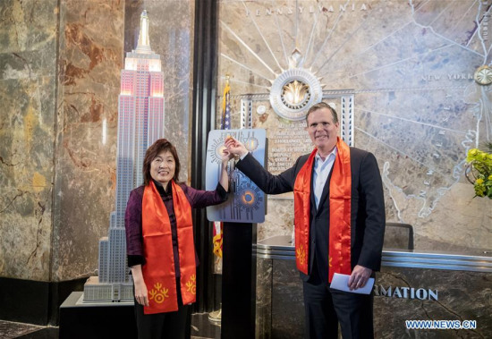 Chinese Consul General in New York Zhang Qiyue (L) and John B. Kessler, President of the Empire State Realty Trust, flip the switch to light the model of Empire State Building at a ceremonial lighting ceremony in honor of the Spring Festival at the Empire State Building in New York, the United States, on Feb. 13, 2018. (Xinhua/Wang Ying)